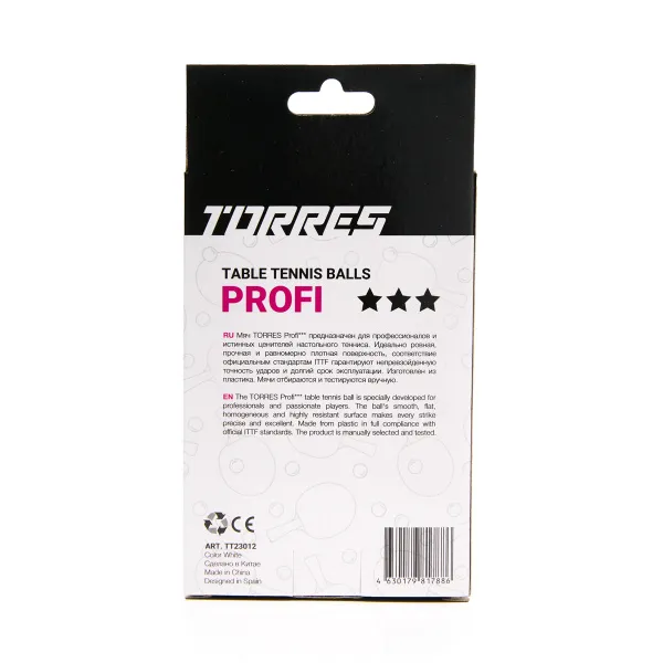 Мяч для наст. тенниса TORRES Profi 3*, TT23012, диам. 40+мм, упак. 6 шт, белый за 338.30 ₽ в Тамбове